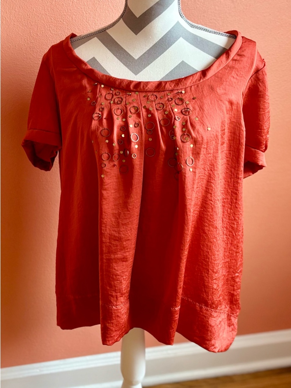Victor Alfaro Red Short-Sleeve Top with Metallic Circle Embellishments